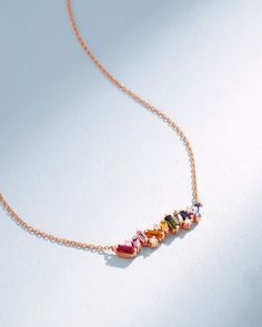 Suzanne Kalan Frenzy Rainbow Sapphire Pendant in 18k rose gold Multi-stone Sapphire Baguette Cut Jewelry, Luxury Sapphire Baguette Cut Necklace, Rainbow Sapphire Jewelry, Rainbow Sapphire Gemstone Jewelry, Rainbow Sapphire Necklace, Rainbow Sapphires, Sapphire Pendant, Bar Pendant, White Diamonds