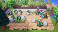 an animal crossing game with lots of trees and plants on the ground in front of it