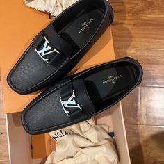 ! Authentic ! New Never Worn Lv Logos Loafers ! Size Eu 7 / Us Size 8 Lv Loafers Men, Luxury Black Loafers For Office, Designer Black Loafers For Office, Designer Business Loafers With Branded Heel Counter, Designer Leather Loafers, Designer Black Business Loafers, Designer Flat Heel Loafers For Business, Lv Loafers, Lv Men Shoes