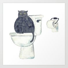 a black cat sitting on top of a toilet