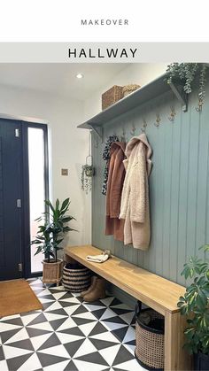 a coat rack with two coats hanging on it next to a black and white checkered floor