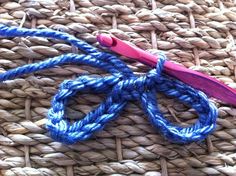 a pair of pink scissors sitting on top of a woven piece of cloth next to blue yarn