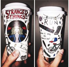 two pictures of someone holding up a starbucks cup with stickers all over the cups