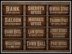 wooden signs with different types of names and numbers on them, including the words bank, sheriff's office, marshalls office, law office, law enforcement, town hall,