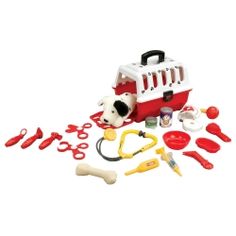 a toy firetruck with tools and accessories on a white background in the shape of a dog