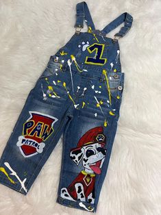 Feel free to order to your liking seeing that these items are customized hand painted, change colors , design or characters. Birthday Overalls, Painted Overalls, Denim Painting, Kids Overalls, Custom Painting, Painted Denim, Custom Painted, School Spirit, Custom Paint