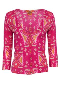 Current Boutique-Tory Burch - Pink & Orange Printed Button-Up Wool Cardigan Sz XS Chic Fitted Multicolor Sweater, Multicolor Cotton Cardigan With Buttons, Fitted Multicolor Cotton Cardigan, Trendy Colorful Cardigan, Colorful Fall Cardigan, Multicolor Button Sweater For Spring, Casual Fitted Multicolor Cardigan, Fitted Multicolor Casual Cardigan, Spring Multicolor Sweater With Button Closure