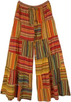 A fun, bright and offbeat patchwork pattern orange, green, pink cotton wide leg pants with elastic drawstring waist. They have horizontal and vertical striped patches stitched in and alternating pattern giving a cool yet shiny look perfect for the summer. #tlb #SplitSkirtsPants #Pocket #vacationclothing #beachwrap #Striped #bohemianfashion #WideLegCottonPants #PatchworkPants #OrangePants #BohoPantswithPockets Colorful Cotton Wide Leg Pants, Colorful Wide Leg Cotton Pants, Colorful Cotton Patchwork Bottoms, Summer Orange Patchwork Bottoms, Vibrant Multicolor Cotton Bottoms, Colorful Bohemian Cotton Bottoms, Casual Orange Patchwork Bottoms, Orange Cotton Patchwork Bottoms, Multicolor Wide Leg Cotton Harem Pants