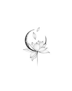 a black and white drawing of a lotus flower with the moon in the background,