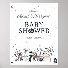 a baby shower sign with halloween characters on it