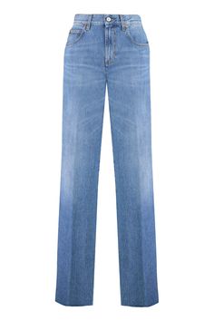 4447 GUCCI WIDE-LEG JEANS Denim Jeans For Women, Visible Stitching, Designer Pants, Logo Label, Faded Denim, Copper Metal, Edgy Look, Women Denim Jeans, Sweaters Knitwear