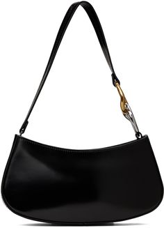 Polished leather shoulder bag in black. · Curb chain hardware at fixed shoulder strap · Logo embossed at face · Zip closure · Zip pocket at interior · Card slot at interior · Suede lining · Silver- and gold-tone hardware · H4.5 x W9.5 x D2 Supplier color: Black Staud Leather Evening Shoulder Bag, Staud Leather Shoulder Bag For Evening, Chic Black Staud Shoulder Bag, Staud Top Handle Evening Shoulder Bag, Staud Black Shoulder Bag, Black Staud Leather Shoulder Bag, Evening Shoulder Bag With Brass Hardware, Staud Formal Shoulder Bag, Staud Black Bag With Detachable Strap