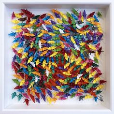 a white frame filled with multicolored origami birds