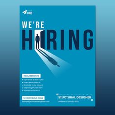 a blue poster with the words we're hiring and a man standing in an open doorway