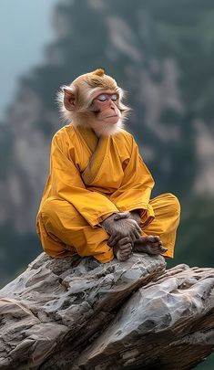 a monkey sitting on top of a tree branch wearing a yellow outfit and holding something in his hand