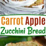 carrot apple zucchini bread on a plate with the title in the middle above it