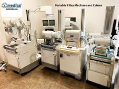 several medical equipment are lined up in a room