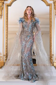 Dress With Cape Sleeves, Embroidered Mermaid, Tulle Cape, Dress With Cape, Organza Flowers, Blue Tulle, Cape Sleeves, Cape Dress, Mermaid Dress