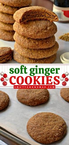 soft ginger cookies stacked on top of each other in front of a baking sheet with the words soft ginger cookies