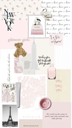 pink and white collage with the words new york, glamore girls on it