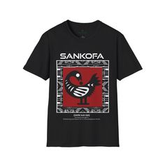 This Adinka Sankofa African Tee shirt features the Adinka Sankofa as a bird shaped symbol. This symbol is an important part of African-American history, representing the need to look back at our past in order to pave a successful future. The Sankofa heart shape symbol asks for patience and endurance. Derived from the Twi language spoken in Ghana, the word "sankofa" literally translates to "go back and get". This symbol on this Adinka Sankofa African Tee shirt holds great significance in the Afri Traditional Short Sleeve T-shirt With Graphic Print, Traditional Short Sleeve Shirt With Graphic Print, Traditional Short Sleeve Graphic Print Top, Traditional Short Sleeve Tops With Graphic Print, Traditional T-shirt With Graphic Print And Short Sleeves, Traditional Short Sleeve Graphic Print T-shirt, Twi Language, Sankofa Symbol, African Symbols