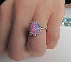 Lab Opal CZ Silver Ring Pink Opal Ring Halo Opal Ring - Etsy Silver Pink Opal Ring For Gift, Silver Pink Opal Ring Gift, Elegant Silver Rings With Pink Opal, Opal Ring Silver, Pink Opal Ring, Vero Beach Fl, Vero Beach, Pink Ring, Opal Ring