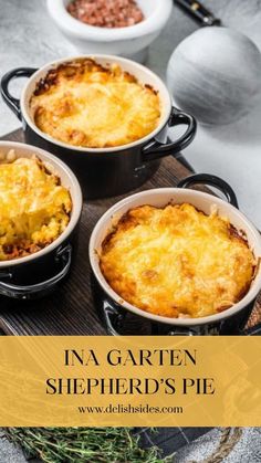 three casserole dishes sitting on top of a wooden cutting board with text overlay that reads in a garden shepherd's pie