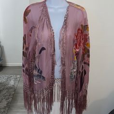 Stunning Piece!!!! Size S/M I’ve Had This For Such A Long Time And Never Used It Still Has Tags Attached Some Of The Tassels Have Come Undone In The Front But It’s Not Noticeable When Wearing Very Beautiful Piece, Not Sold Anymore Msrp $175 Multicolor Shawl Outerwear For Spring, Casual Shawl Cardigan For Spring, Spring Casual Shawl Kimono, Casual Shawl Kimono For Spring, Casual Spring Shawl Kimono, Bohemian Shawl Outerwear For Spring, Purple Open Front Outerwear For Spring, One Size Purple Top For Spring, Purple Outerwear For Spring Layering