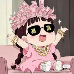 a cartoon girl with sunglasses and money on her head