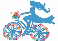 a silhouette of a woman riding a bike with flowers in the basket on it's front wheel