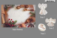 the ingredients to make an angel cake are displayed on a cutting board, including flour, eggs and pine cones