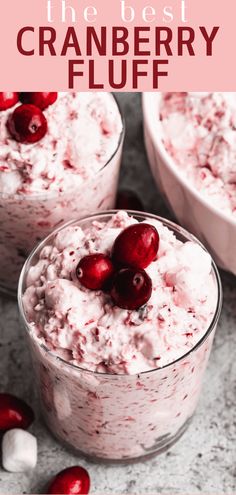 cranberry fluff in two glasses with cherries on top