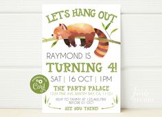 a birthday party card featuring a raccoon on a branch with the words, let's hang out