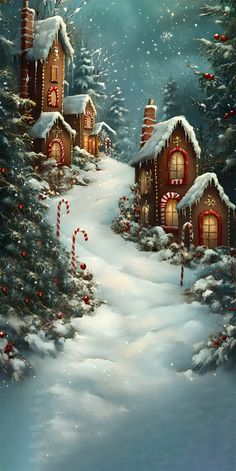 a painting of a snowy christmas scene with houses and candy canes