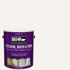 a white paint can with the words kitchen, bath and trim on it