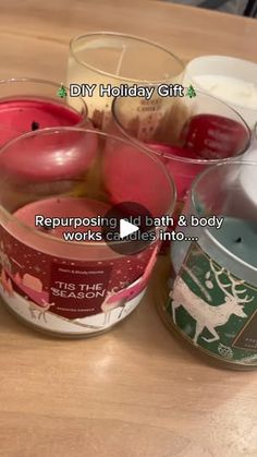 three candles are sitting on a table with the words diy holiday gift and repurposing bath & body works