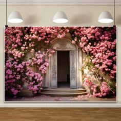 an open door surrounded by pink flowers on a wall