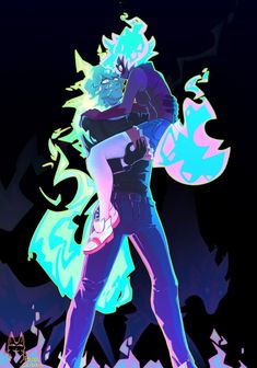 two anime characters hugging each other in front of a black background with blue and pink colors