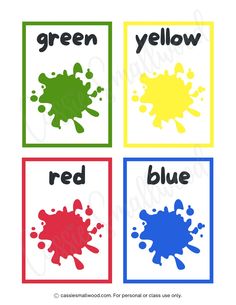 four different color cards with the words green, yellow, red and blue on them