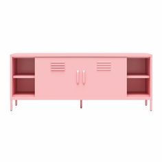 a pink cabinet with two doors and three shelves