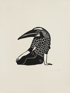 a black and white drawing of a bird sitting on the ground with it's beak open