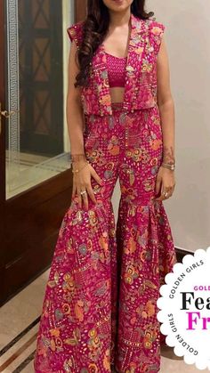 3 Piece Ethnic Outfit Women, 3 Piece Indian Outfit, Diwali Traditional Outfit Ideas, 3 Piece Indian Dress For Women, Pink Plazo Outfit, Ethnic One Piece Dress, Simple Coord Sets For Women, Indowestern Outfits For Wedding, Bandhani Outfit Ideas For Wedding