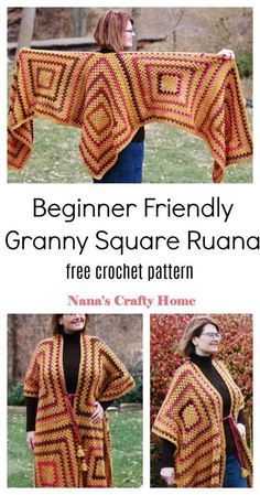 a woman wearing a granny square crochet shawl with the text, beginner friendly granny square ruana free crochet pattern