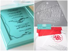 the wedding stationery is displayed in three different colors and styles, including teal