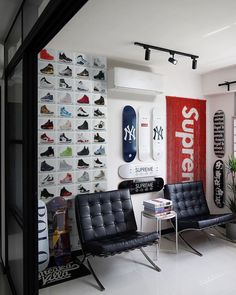 a room filled with lots of different types of shoes on the wall next to each other