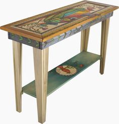 a wooden table with a painted design on the top and shelf below it that has an image of a woman holding a flower