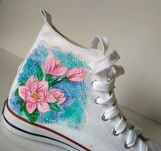 Custom Magnolia Flower shoes. Handpainted design with pink Magnolia on the white shoes. Delicate and romantic design with watercolor background. Acrylic paint on canvas shoes. Every size is possible. I use US size chart! Shoes are hand painted using High grade acrylic paint. I use a special textile paint designed to be flexible on fabric. The paint is water proof and fade proof. Prices depends on what model of shoes you will choose. Here we have art on non-brand shoes but I can use Coneverse or Spring Hand-painted High-top Sneakers, Spring High-top Hand Painted Sneakers, Hand Painted Pink Sneakers For Spring, Hand Painted Low-top Sneakers For Spring, Artistic White Sneakers For Spring, Artistic Low-top Sneakers For Spring, Artistic Hand Painted Custom Sneakers For Spring, Watercolor Shoes, Shoes Watercolor