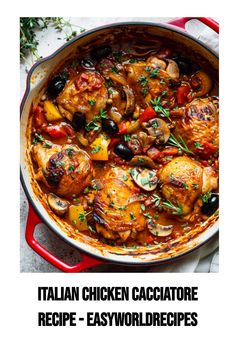 Chicken Cacciatore, or “Pollo alla Cacciatora,” is a hearty Italian stew with chicken braised in a rich tomato and bell pepper sauce.