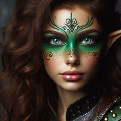 Woodland Elf Makeup Wood Nymphs, Mother Nature Makeup Halloween, Dark Fairy Face Paint, Woodland Huntress Makeup, Fae Cosplay Makeup, Forest Face Paint, Forest Fairy Face Paint, Elf Queen Makeup, Elf Warrior Makeup