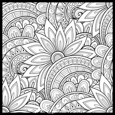 an abstract coloring page with lots of flowers and leaves in black and white, for adults to color